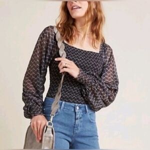 Anthropology Rouen Charcoal Grey Smocked Long Sleeve Blouse M